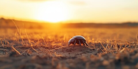 A macro shot of dung beetles in an African savanna, rolling dung balls under the sun, dry grass in the background