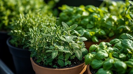 Fresh Herbs Growing in Pots in a Garden Setting