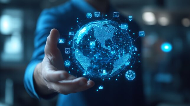 A businessman's hand holding a glowing digital globe surrounded by icons representing technology, communication, and globalization.