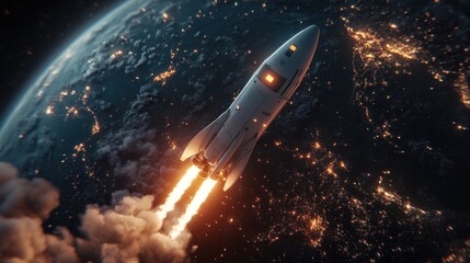 Launch of powerful rocket into the starry night sky