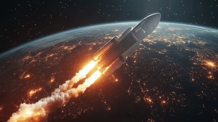 Obraz premium Rocket exits Earth's embrace, traveling into deep space.