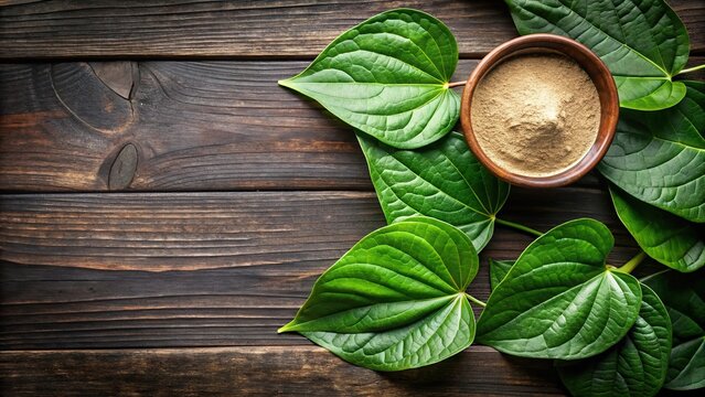 Freshly picked kava leaves with kava powder