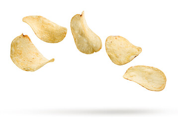 Potato chips flying on white background.