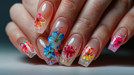Hands of a young woman with a manicure. The nails are covered with gel polish with colored French and flowers