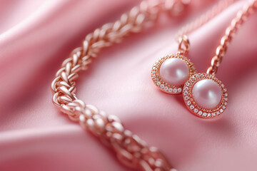 Fototapeta premium Golden jewelry with white natural pearls on pink silk closeup. Pearl necklace on smooth elegant silky fabric texture