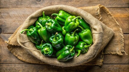 Fresh green capsicums in fabric bag on white background
