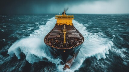 Cargo ship barreling through turbulent stormy waters.