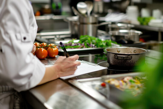 Professional chef writing down a recipe in a busy kitchen while preparing fresh ingredients for a gourmet meal