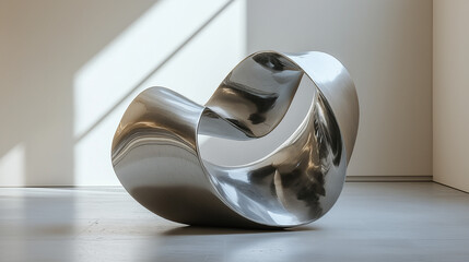 A sleek, silver, abstract sculpture with a flowing, organic form,  placed in a minimalist white room with sunbeams illuminating it.