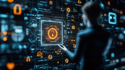 Fototapeta premium digital figure standing in front of glowing virtual interface, interacting with security icons and data displays, conveying sense of technology and innovation
