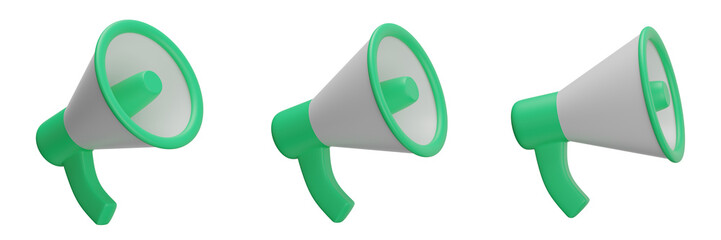 set of megaphone with transparent background, PNG, green megaphone, 3d loudspeaker