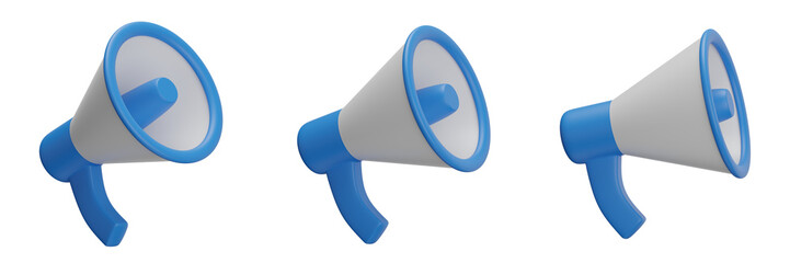 set of megaphone with transparent background, PNG, blue megaphone, 3d loudspeaker