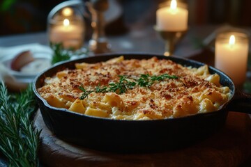 Fototapeta premium gourmet pasta dish, feta pasta baked until golden, in a skillet, with flickering candles setting a cozy mood for an intimate meal