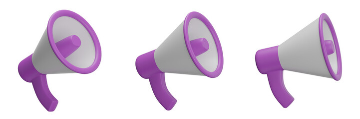 set of megaphone with transparent background, PNG, purple megaphone, 3d loudspeaker