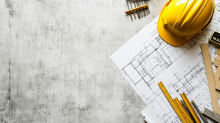 Z góry widać zorganizowane biurko architekta, pełne różnorodnych materiałów i narzędzi potrzebnych do pracy. Plany budowlane i projekty leżą starannie rozłożone obok przyborów inżynieryjnych.