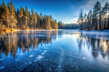 Frozen water surface of the lake in early winter in the forest