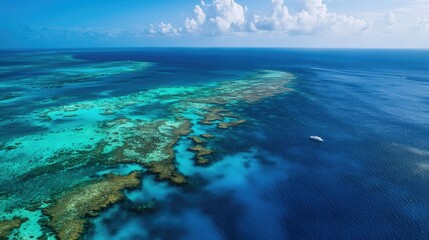 Naklejka premium Aerial view of the vibrant reefs of the Belize Barrier Reef, space for copy above