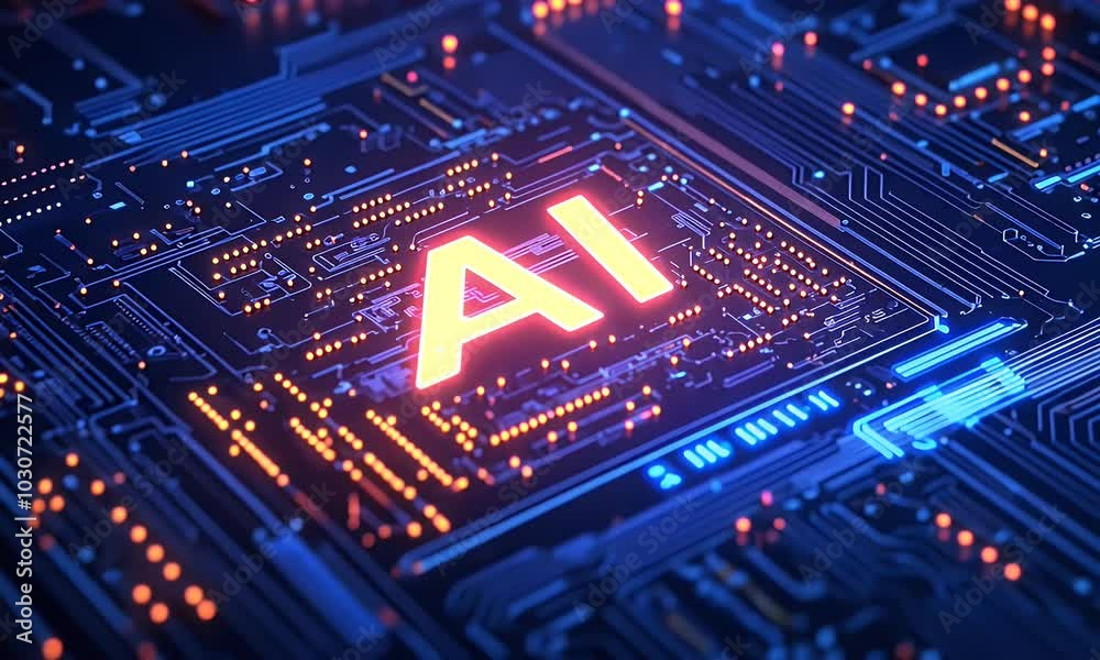 Poster 3d illustration of the human brain on top of an artificial intelligence chip with neon text ai