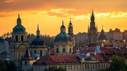 Obraz premium A panoramic view of Prague's skyline with the iconic spires and domes of its historic churches silhouetted against a vibrant sunrise.