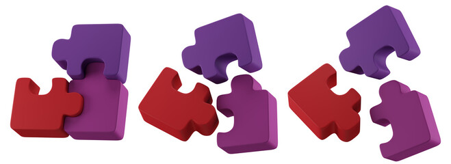 set of 3d jigsaw with transparent background, PNG, 3d render puzzle of colorful jigsaw, purple and ree jigsaw