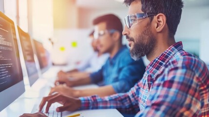 Fototapeta premium Man in a Plaid Shirt Working on a Computer in a Bright Office
