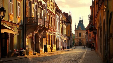 Fototapeta premium A picturesque cobblestone street lined with historic buildings in a European city.
