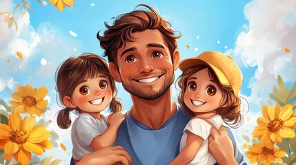 Father and Daughters in Flower Field