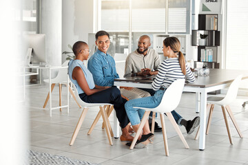 Business people, meeting and happy in office with digital media management team and chat. Teamwork,...