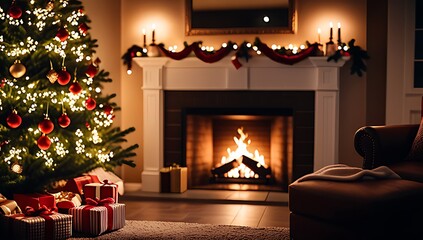 christmas scene features decorated tree near warm fireplace cozy setting