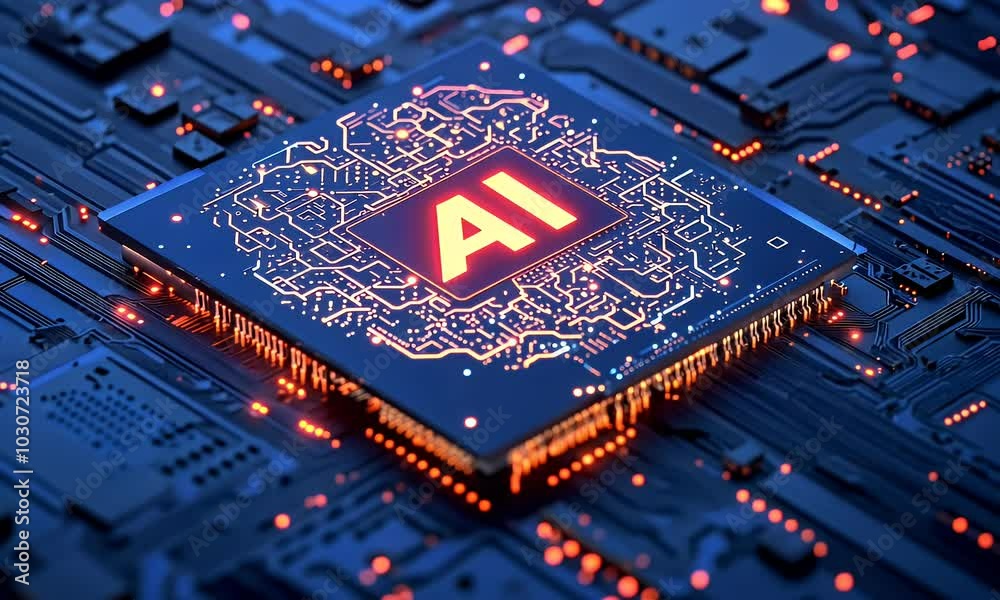 Sticker 3d illustration of the human brain on top of an artificial intelligence chip with neon text ai