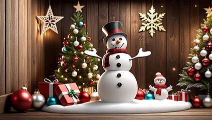 festive scene features snowman surrounded christmas ornaments musical elements wooden backdrop