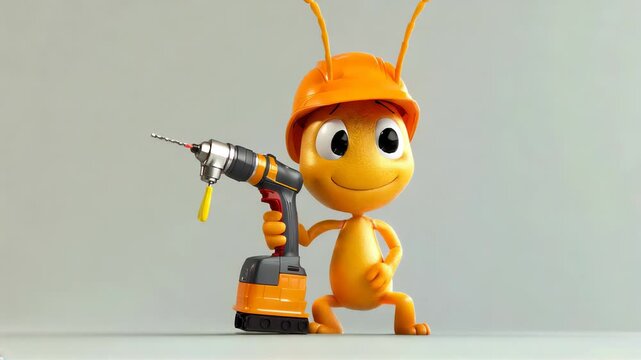 3D animated ant character wearing a yellow helmet and holding a power drill. Concept of playful construction and teamwork.