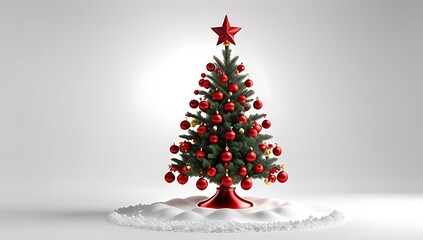 red christmas tree decorated ornaments lights snowy white background