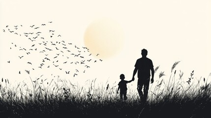 Father and Child Walking in Nature at Sunset