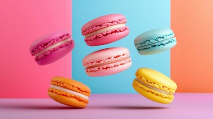 Colorful Macarons in a Levitating Pop Art Scene