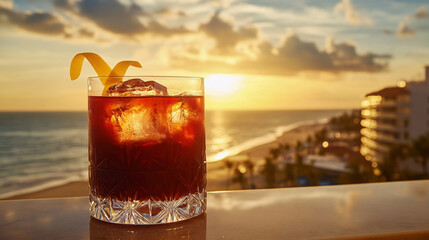 whiskey cola longdrink, A tall rocks glass with a dark red drink, a lemon twist garnish, and ice, sitting on the edge of an outdoor hotel balcony overlooking the ocean at sunset. The cocktail is garni
