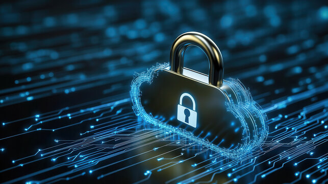 large digital padlock hovering over secure cloud, symbolizing advanced cybersecurity and data protection. glowing lines represent data flow and security measures in digital realm