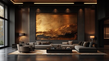 Luxurious Modern Living Room with Dramatic Golden Abstract Art - Made with Generative AI