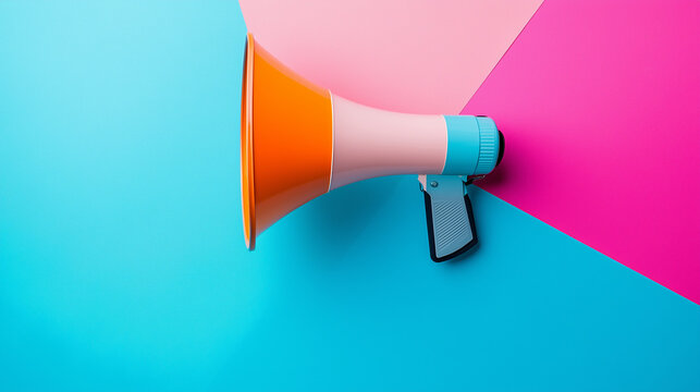 Kolorowe tło w intensywnych odcieniach przyciąga uwagę i staje się doskonałym tłem dla megafonu, symbolizującego siłę przekazu w kampaniach marketingowych. 