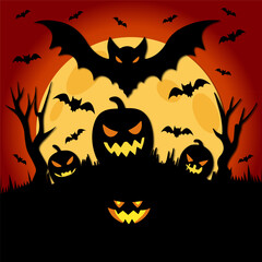Naklejka premium Spooky Halloween Night with Pumpkins and Bats