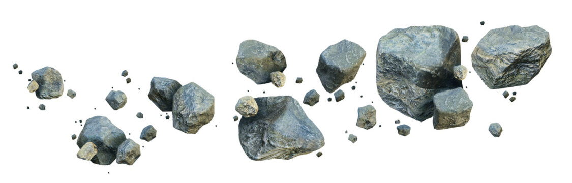 3D space stone, cosmic flying meteorite illustration, grey galaxy rocks mineral geology boulder. Big comet debris explosion nature texture solid shape, sci-fi asteroid concept. Falling 3D stone chunks