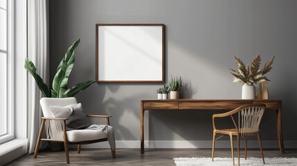 Wnętrze tego nowoczesnego salonu urzeka prostotą i elegancją. Szare ściany tworzą stonowane tło dla stylowego fotela, który zachęca do relaksu. 