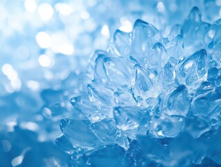 Close-up of ice crystals against a soft blue background, showcasing intricate shapes and textures.