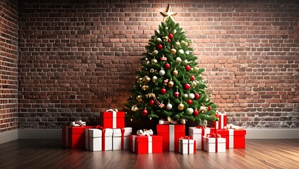 christmas tree brick wall surrounded decorated gift boxes creative design layout