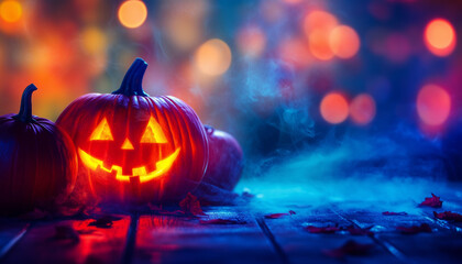 Naklejka premium Halloween pumpkin lantern lamp Jack-o'-lantern on a wooden table, dark background with mystic fog, steam, mist