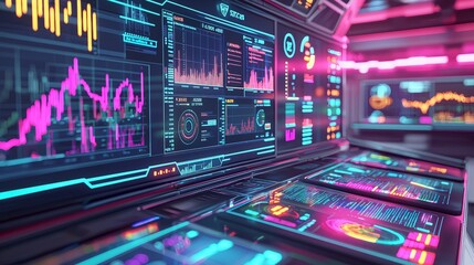 Obraz premium Futuristic control panel with glowing neon lights displays financial data and charts.
