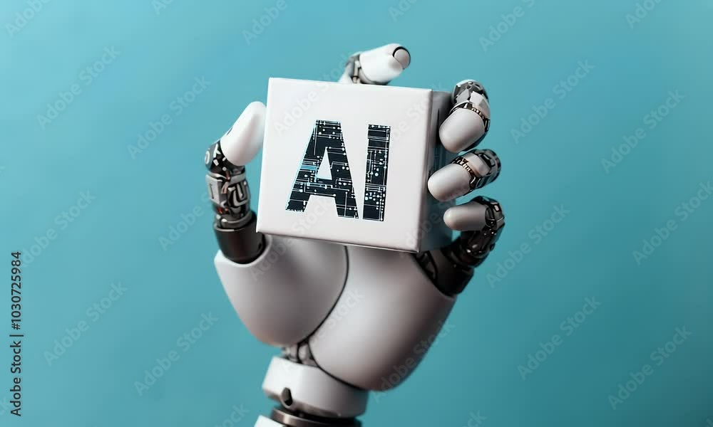 Poster digital hand holding a tablet with glowing text ai on a dark background, a digital technology concep