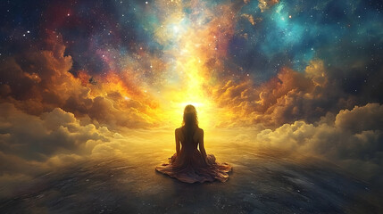 A serene figure meditating amidst a cosmic sunset.