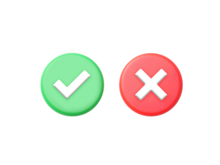 Green check mark and red cross sign isolated on transparent or white background, png