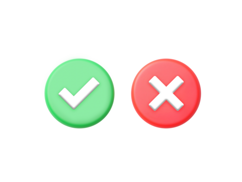 Green check mark and red cross sign isolated on transparent or white background, png
